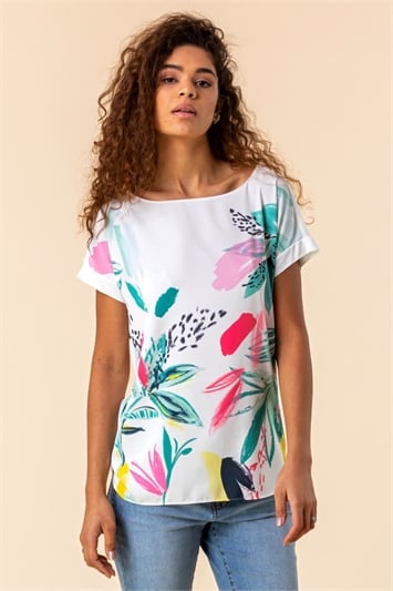Multi Abstract Leaf Print Stretch T-Shirt, Image 3 of 4
