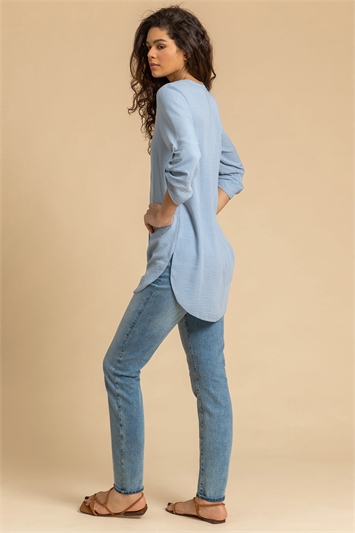 Light Blue Longline Button Detail Tunic Top, Image 2 of 4