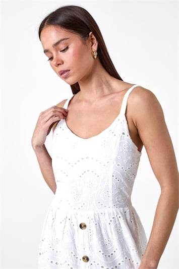 White Petite Cotton Broderie Button Dress