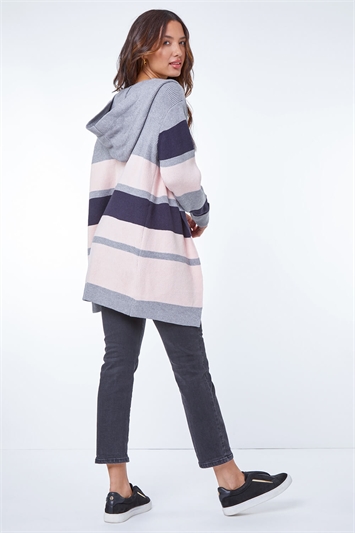 Grey Hooded Colour Block Longline Cardigan , Image 3 of 5