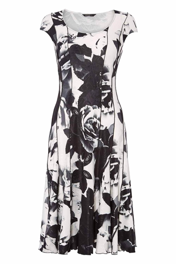 Monochrome Floral Print Panel Dress in Ivory - Roman Originals UK