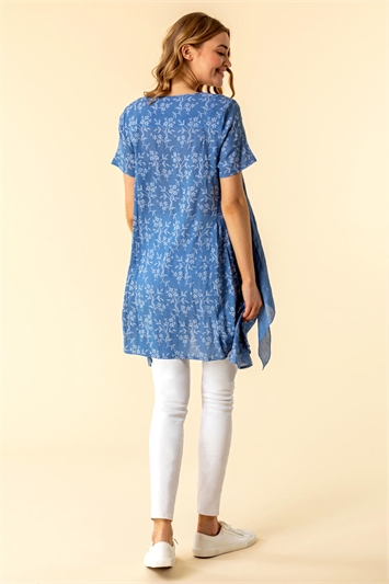 Light Blue Floral Print Crinkle Tunic Top, Image 3 of 4