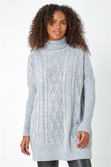 Grey Pearl Embellished Cable Knit Jumper