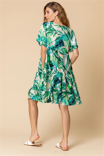 Green Tropical Print Tiered Pocket Dress, Image 2 of 4