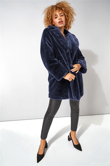 Midnight Blue Faux Fur Collared Coat, Image 2 of 4