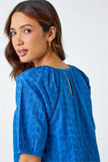Blue Broderie Puff Sleeve Cotton Top