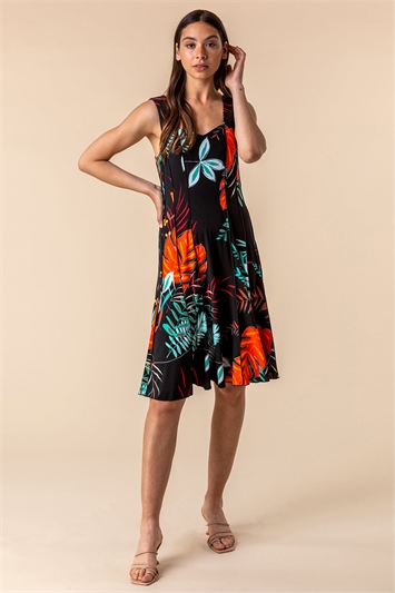 Black Tropical Print Panel Swing Dress, Image 3 of 4