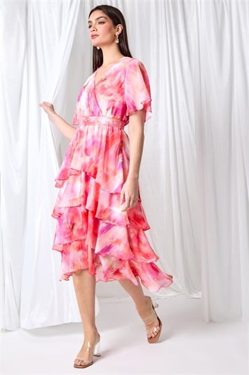 Pink Abstract Print Chiffon Tiered Midi Dress