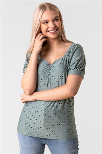 Green Sweetheart Gathered Broderie Top