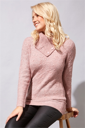 Pink Cable Knit High Neck Jumper