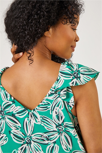 Green Petite Floral Print Frill Detail Top, Image 5 of 5