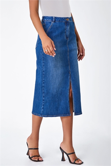 Blue Cotton Blend Denim Stretch Split Midi Skirt