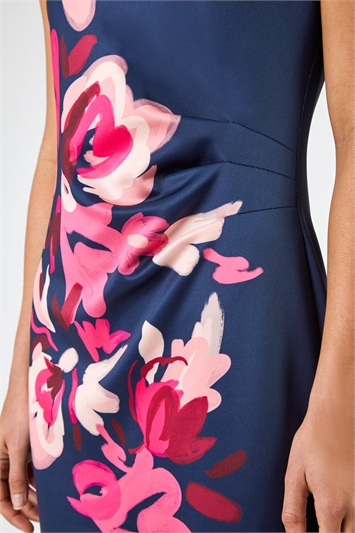Navy Floral Print Fitted Premium Stretch Dress, Image 5 of 5