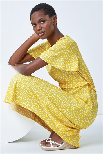 Yellow Ditsy Print Frill Waist Midi Dress