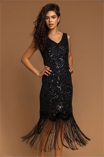 Black Sequin Fringe Hem Flapper Dress, Image 1 of 4