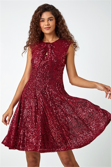 Red Sequin Twist Detail Cutout Stretch Dress