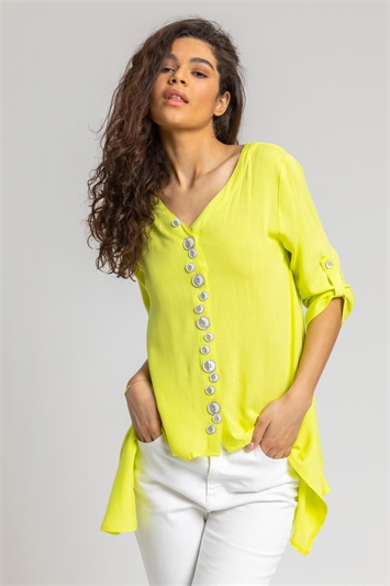 Lime Asymmetric Abstract Button Detail Top, Image 5 of 5