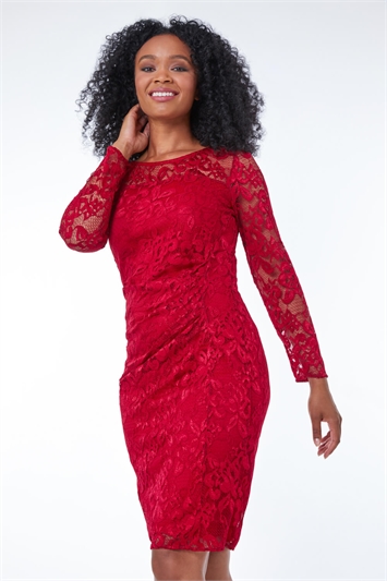 Red Petite Side Ruched Lace Dress