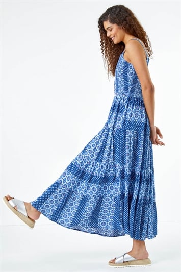 Blue Printed Shirred Bodice Maxi Dress