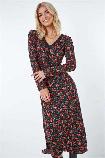 Red Lace Trim Ditsy Floral Midi Dress