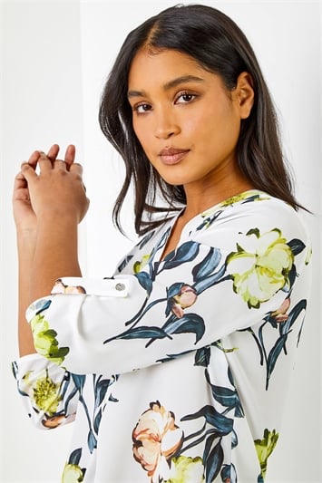 Ivory Longline Button Detail Floral Print Top, Image 1 of 5
