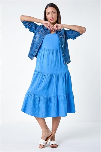 Blue Cotton Textured Tiered Midi Dress