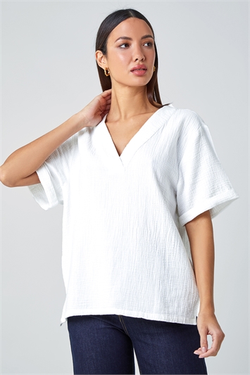 White Textured Cotton Relaxed V-Neck T-Shirt