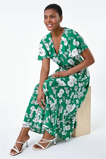 Green Floral Print Tiered Midi Dress