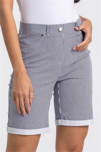 Navy Stripe Print Turn Up Stretch Shorts