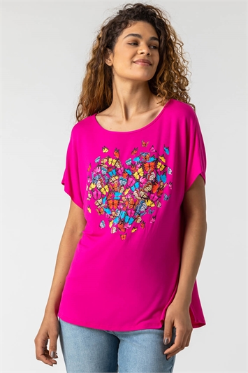 Pink Butterfly Heart Print T-Shirt