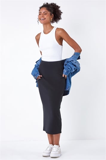 Black Plain Stretch Elastic Waist Bodycon Skirt