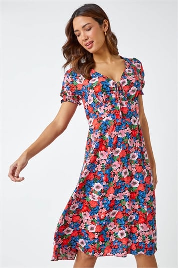 Red Frill Sleeve Floral Tea Dress