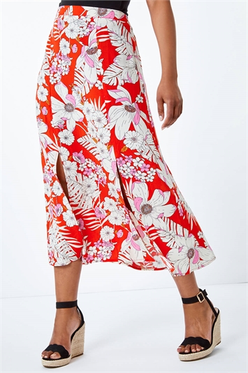 Red Petite Tropical Floral Midi Skirt, Image 4 of 5