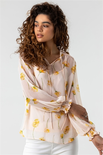 Yellow Shirred Detail Floral Blouse With Cami