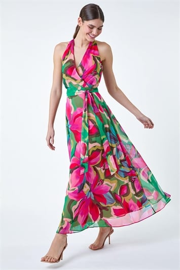 Pink Floral Print Halterneck Maxi Dress