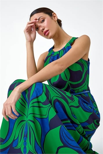 Green Abstract Print Halter Neck Maxi Dress