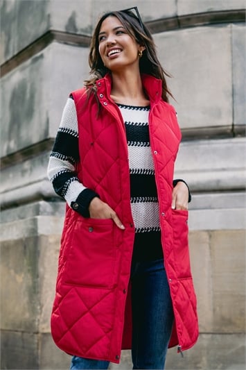 Red Diamond Quilted Longline Gilet