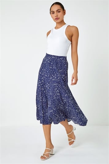 Blue Confetti Spot Print Midi Skirt