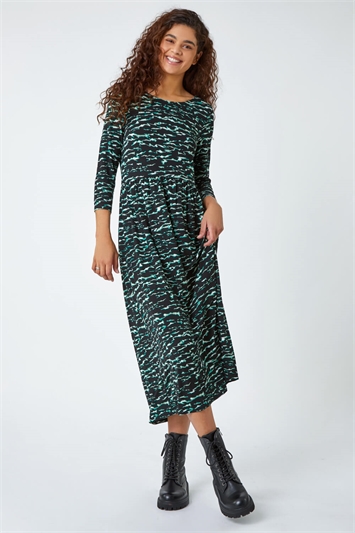 Green Abstract Wave Print Stretch Midi Dress
