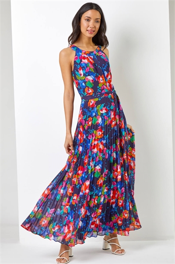 Navy Floral Print Pleated Maxi Dress, Image 3 of 5