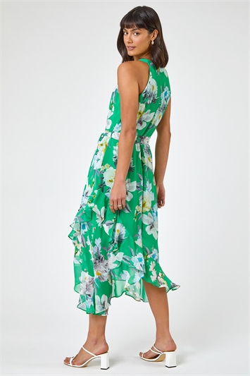 Green Floral Asymmetric Belted Midi Dress, Image 2 of 5