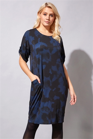 Navy Abstract Floral Pocket Tunic Dress