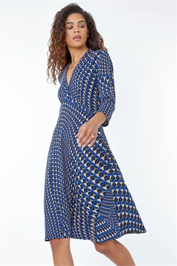 Navy Geometric Print Stretch Dress , Image 2 of 5