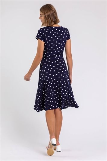 Navy Spot Print Jersey Stretch Dress, Image 2 of 3
