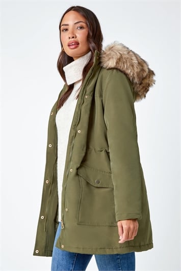 Brown Faux Fur Hooded Parka Coat