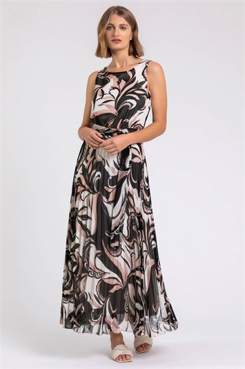 Beige Abstract Print Pleated Maxi Dress, Image 3 of 5