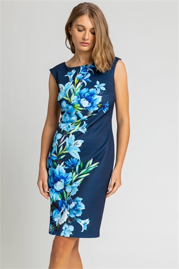 Blue Floral Border Print Stretch Shift Dress