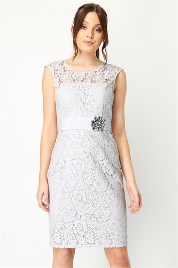Silver Lace Embellished Trim Dress