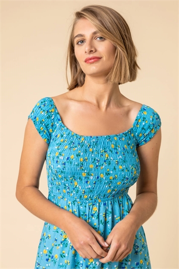 Blue Shirred Ditsy Floral Print Bardot Dress, Image 4 of 4