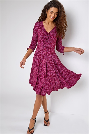 Wine Ditsy Floral Print Ruched Detail Dress, Image 1 of 5